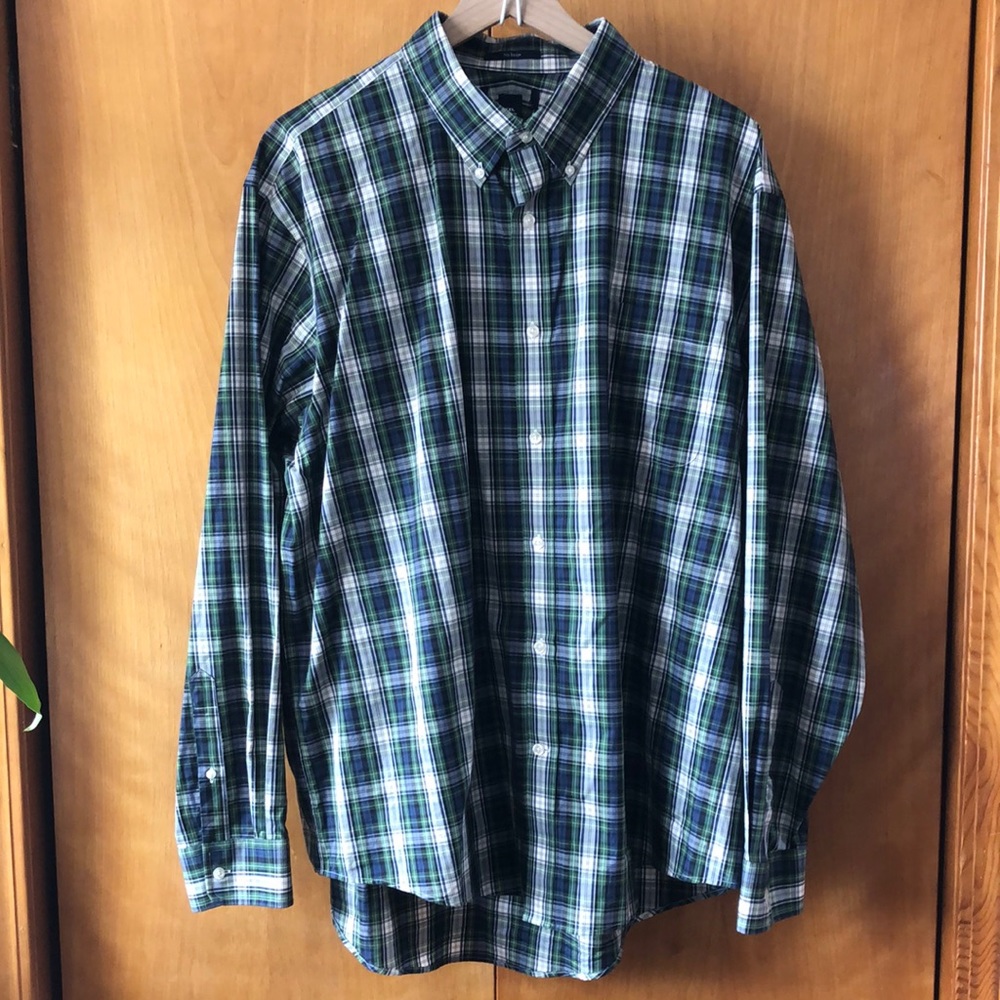Land’ End Men’s Blue Plaid No Iron Button Down Shirt XXL